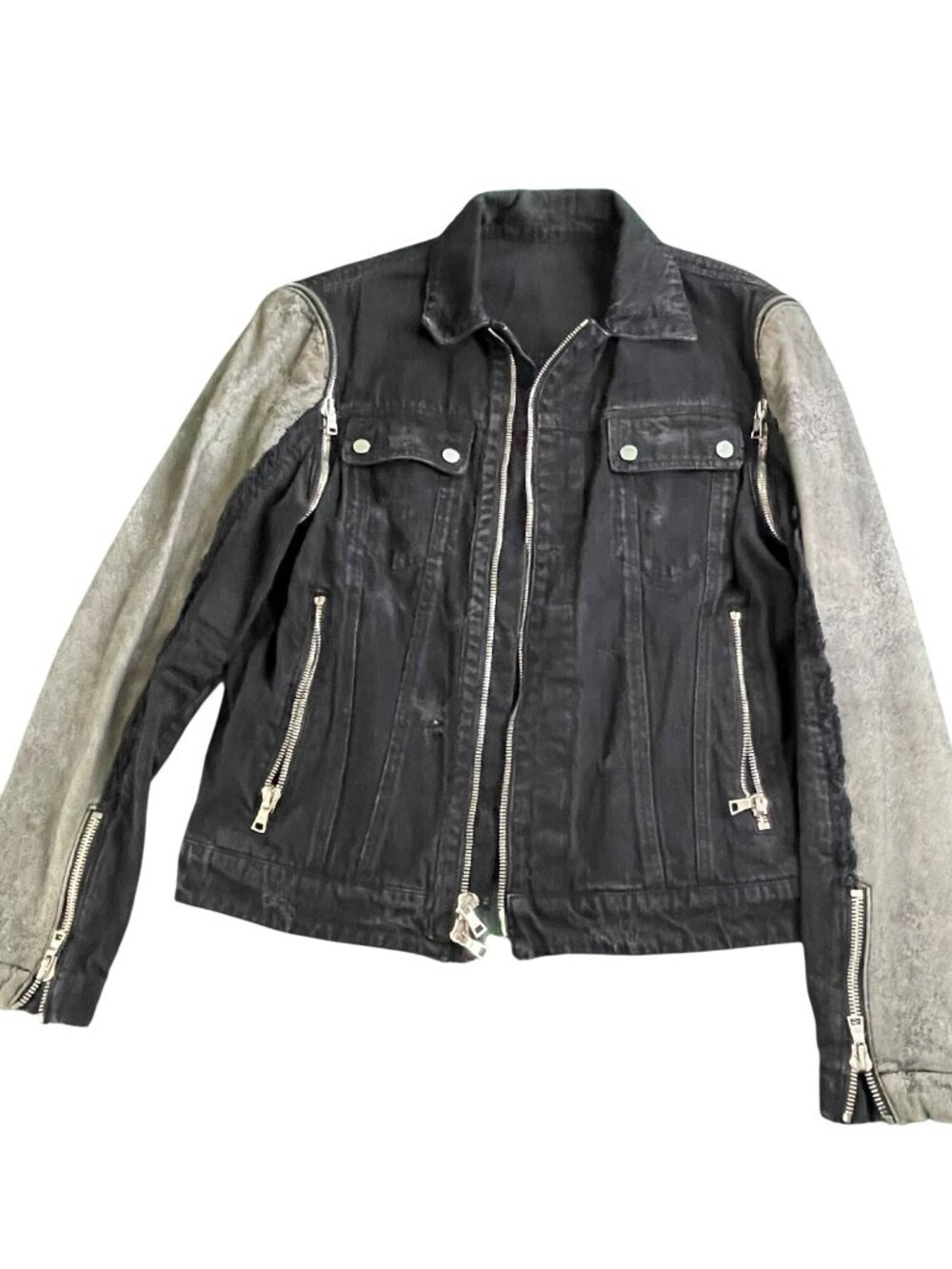 Black Denim Jacket And Convertible Zippered Vest With Contrast Gray Sleeves & Zi